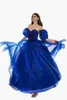 Royal Sexy Backless Blue A Line Prom Dresses New Sequins Beads Sweetheart Corset Back Evening Quinceanera Gowns With Poet Sleeves BM