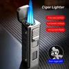 Three Flame Jet Cigar Lighter Metal Outdoor Portable Windproof Blue No Gas with Knife Tool Men's Gift