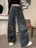 Женские джинсы Ropa Y2K 2000S, потертые темно-синие мешковатые брюки-карго для женщин, готическая одежда, прямые широкие брюки в стиле хип-хоп, женские старые джинсовые брюки