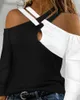 Женские блузки, осенне-зимний топ с цветными блоками, топ с открытыми плечами, 2023, повседневный лоскутный пуловер с длинными рукавами, блузка, женская одежда