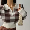 Damestruien Herfst Winter Vintage Knitwear Crop Tops Dames Trui Mode Vrouwelijke Lange Mouw Elastisch Casual Geruite Gebreide Shirts 231206