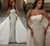 2024 Luxury Mermaid Wedding Dress with Löstagbar Trapless Full Pearls Pärlor Backless Chapel Train Sequin Bridal Bowns for Women Vestidos de Novia