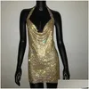 Robes décontractées de base sexy col en V profond robe en cristal femmes de luxe strass licol danse fête diamant dos nu fendu mini goutte d dhfr3