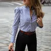 Women's Blouses Women Long Sleeve Striped Puffed Frill Hem Casual Blouse Elegant Ladies Workwear Shirt Top Blusas Mujer