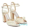 패션 럭셔리 브랜드 디자이너 Sacora Sandals Shoes Pearls White Leather Women 's Evening 하이힐 JM 디자이너 레이디 펌프 파티 웨딩