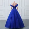 Abito da principessa blu da ballo reale da sera Prom Elegante con spalle scoperte Perline Paillettes Increspature Tulle Abiti da festa lunghi Corsetto Indietro Abiti Quinceanera dolci S