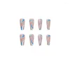 Kunstnagels 24 stks/set Franse Super Lange Ballet Fake Art Doodskist Blauw Wit Golf Lijnen Acryl Druk Op Vingernagels tips