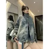 Herrjackor American Vintage Washed Denim Jacket Men Woman Casual Ribbon Design Varsity Cowboy Coat Unisex High Street Distress Outwear 231206