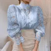 Kvinnors blusar White Vintage Lace Patchwork Shirt Blue Women Autumn Winter Lantern Sleeve Shirts For 2024 Sexy Hollow Out Cotton Top