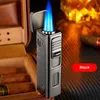 Three Flame Jet Cigar Lighter Metal Outdoor Portable Windproof Blue No Gas with Knife Tool Men's Gift