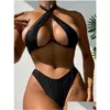 Women'S Swimwear Womens Sexy Halter Cut Out Underwired V-Bar Bikini Women Female Swimsuit Two-Pieces Set Bather Bathing Suit Swim V4 Dh5Uz