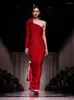 Sıradan Elbiseler VC Kırmızı Noel Elbise Kadınlar İçin Seksi Bir Omuz Parıltısı Glitzy Sequins Mesh Patchwork Ünlü Parti Uzun Vestidos