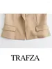 Women's Suits TRAFZA 2023 Autumn Women Elegant Vintage Pocket Jacket Coat Woman Long Sleeves Lapel Shiny Short Suit Office Blazer Outwears