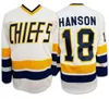 Hommes # 16 Jack Hanson Maillot des Chiefs de Charlestown 17 Steve Hanson 18 Jeff Hanson Brother Slap Shot Film Maillot de hockey cousu