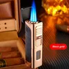 Three Flame Jet Cigar Lighter Metal Outdoor Portable Windproof Blue No Gas with Knife Tool Men's Gift