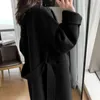 Women's Jackets Autumn Winter Women Woolen Cloth Coat Warm Long Length Double Breasted Navy Blue Female Elegant Outerwear Loose Belt Overcoat 231205