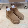 Mini bottes australiennes en fourrure pour femme, bottines australiennes en laine avec fermeture éclair sur le devant, en cuir véritable, à fond épais, châtaigne