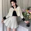 Two Piece Dress Korean Fashion Two Piece Set Temperament Vintage Small Fragrance Women Plaid Tweed Short JacketPleated Mini Skirt Suits Female 231205