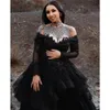 Plus Size Schwarze Brautkleider Spitze Perlen Sheer V-Ausschnitt Illusion Langarm Zivil Brautkleid Nach Maß Robe De Mariee YD