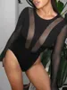 Mulheres camisetas Mulheres Moda Skinny Bodysuit Tops Preto Manga Longa Sheer Malha Patchwork Playsuit Skin Friendly S M L