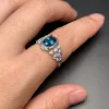 Deep Blue Topaz 925 파티를위한 실버 링 6mmx8mm VVS 등급 1CT 자연 토프 링 3 레이어 18K 골드 도금 실버 보석