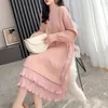 Urban Sexy Dresses Ribbed Sweater Dress For Women Autumn Winter Korean Midi Knitted Dress Female Stylish Patchwork Ruffle Hem Dress 231206