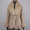 Mulheres misturas de lã jaquetas CXFS inverno mulheres caxemira misturada casaco real natural gola de pele de raposa moda jaqueta fina com cinto solto outwear 231206