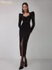 Robes décontractées Clacive Bodycon Black Ruché Robe Dames Mode Slim Col Carré À Manches Longues Midi Élégant Slit Party Pour Les Femmes