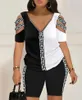 Chándal de mujer Sexy con cuello en V Camiseta de manga corta Conjunto de pantalones cortos Office Lady Primavera Verano Moda Blusa con estampado Pantalones Traje de dos piezas para mujer