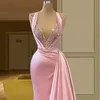 Affascinante rosa sexy abito da ballo a sirena lungo profondo scollo a V con perline paillettes lunghezza del pavimento macchia abito da sera formale con strascico Robe De Soiree