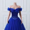 Magnifique 3D Sparkle Applique Hors Épaule Bleu Royal Épais Tulle Balayage Train Pageant Bal De Soirée Masque Robes De Fête Robe D'invité