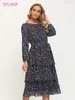 Urban Sexy Dresses SFLAVOR Damen Oneneck Langarm Star Print Casual Midi Bohemian Chiffon Vintage Kuchen Vestidos 231206