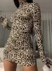 الثياب الحضرية المثيرة omsj-robe de col roule pour femme manches longues longrieme leopard mini robe skinny avec vetements de fete 231206