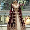 Turkish Burgundy Arabian Evening Dress 2024 Gold Appliques Lace Kaftan Moroccan Abayas Prom Dress Long Sleeve Vestidos De Novia Formal Occasion Birthday Party Gown