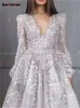 Robe Maxi en dentelle brodée pour femmes, col en V, nouvelle mode, ligne A, maille élégante, couleur unie, manches bouffantes, robes de soirée