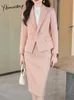 Women's Two Piece Pants Yitimuceng-Ensemble blazer rose imbibe pour femme manches longues col rabattu jupe midi elegante olympiques de bureau mode 231206