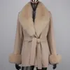 Women futra faux cxfs zima kaszmirowa wełna mieszana płaszcz prawdziwy naturalny lis obroża moda szczupła kurtka z paskiem luźną warstwą 231206