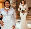 2024 Plus Size Arabic Aso Ebi Sheer Neck Mermaid Wedding Dress Longeepes Pärlor paljetter Sexiga brudklänningar klänningar skräddarsydda vestidos de novia