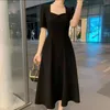 Casual jurken Vestidos Dress Women Vintage Koreaanse Kantoor Dames Korte mouwen Zwarte mode V-Neck Loose Solid Elegant High Taille