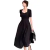 Casual jurken Vestidos Dress Women Vintage Koreaanse Kantoor Dames Korte mouwen Zwarte mode V-Neck Loose Solid Elegant High Taille