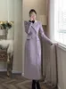 Women's Wool Blend's French Style Long Overcoats 2023 Autumn Winter Fashion Purple Lapel Thicken Warm Woolen Coat Trend 231206