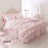 100% cotone stampato floreale set biancheria da letto principessa doppia king size queen size rosa ragazze pizzo volant copripiumino copriletto gonna letto set T2230O