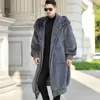 Pele masculina faux oversized solto homem longo casaco coelho com capuz jaqueta grande tamanho bolsos zíper grosso quente inverno xlong casaco 231205