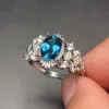 Deep Blue Topaz 925 파티를위한 실버 링 6mmx8mm VVS 등급 1CT 자연 토프 링 3 레이어 18K 골드 도금 실버 보석