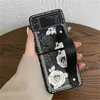 Cell Phone Cases Korean Luxury Retro Black Flower Wrist Strap Bracket Case for Samsung Galaxy Z Flip 3 4 5G Z Flip3 Zflip3 Zflip4 Back Cover J231206