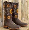 Boots WTEMPO Women Brown Embroidery PU Leather Printed Western Cowboy Deep V mouth High Tube Casual Classic Shoes 231206