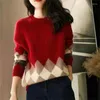 Damenpullover Damen Grafik Gestricktes Top Für Frauen Pullover Runder O-Ausschnitt Rot Kariert Y2k Mode Korea Kaschmir Koreanisch Luxus Vintage