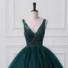 Shiny Dark Green Sequined Tulle Quinceanera Dresses Sexy Backless V Neck Ball Gown Evening Prom Gowns With Corset Back BM3506