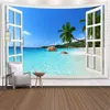 Tapisserier Windows Beach Tree Waterfall Large Tapestry Green Forest Landscape Wall Hanging Decor för sovsal estetik