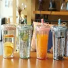 520 ml Glitter Waterflessen met Rietjes Plastic Dubbelwandige Tumbler Wandelen Klimmen Gezond Leven Dinking Cup voor Volwassenen